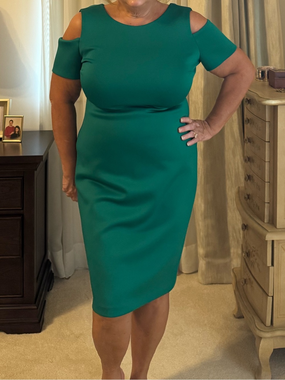 Calvin Klein Emerald Green Cold-Shoulder Midi Sheath Dress